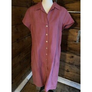 Easy Spirit Silk & Linen Shirt Dress Women’s 14 MOP  Buttons Dark Pink